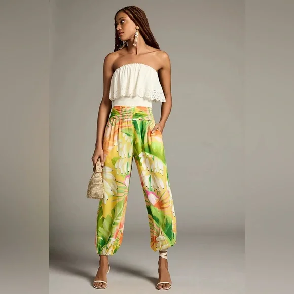 Farm Rio x Anthropologie Vibrant Tropical Banana Print Balloon Pants Size Large - Picture 2 of 16